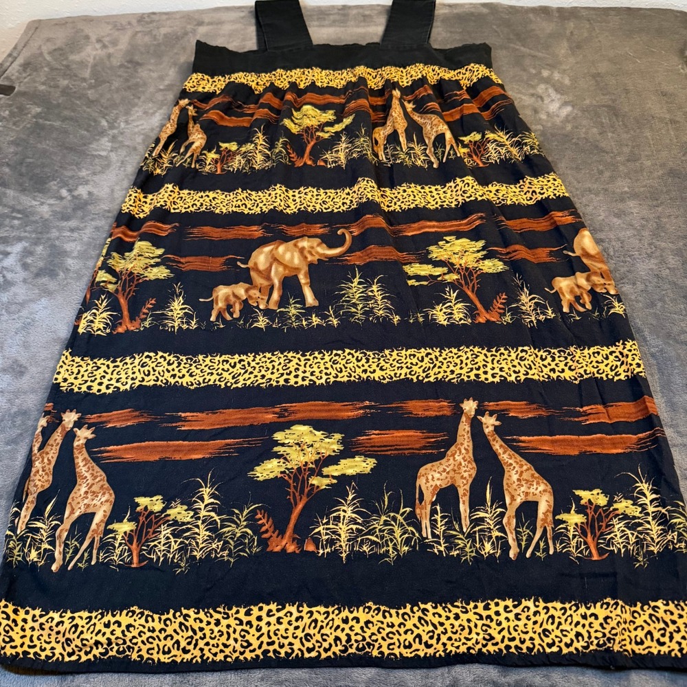 Dottie Safari Animal Print Pinafore Dress Womens Medium Black Giraffe Elephant